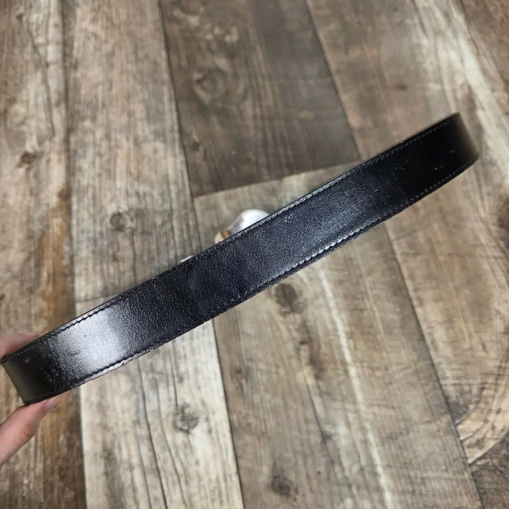 Vintage Black Leather Western Belt Size 34 Silver Buckle Distressed Cowboy